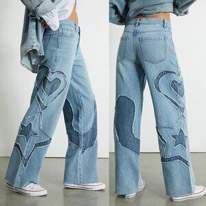 Pacsun Eco Light Blue Patchwork 90s Baggy Jeans 27 Wide Leg Baggy Heart Star Y2K